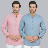 Combo of 2 Men Cotton Self Design Short Kurta Pink and Blue