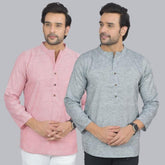 Combo of 2 Men Cotton Self Design Short Kurta Pink and Gray
