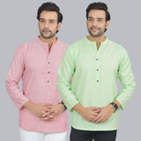 Combo of 2 Men Cotton Self Design Short Kurta Pink and Green