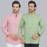 Combo of 2 Men Cotton Self Design Short Kurta Pink and Green