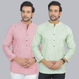 Combo of 2 Men Cotton Self Design Short Kurta Pink and Green