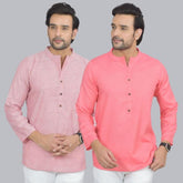 Combo of 2 Men Cotton Self Design Short Kurta Pink and Peach