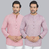 Combo of 2 Men Cotton Self Design Short Kurta Pink and Purple