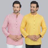 Combo of 2 Men Cotton Self Design Short Kurta Pink and Yellow