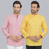 Combo of 2 Men Cotton Self Design Short Kurta Pink and Yellow