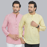 Combo of 2 Men Cotton Self Design Short Kurta Pink and Yellow