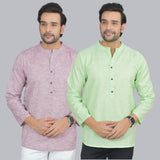 Combo of 2 Men Cotton Self Design Short Kurta Purple and Green
