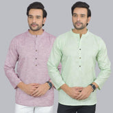 Combo of 2 Men Cotton Self Design Short Kurta Purple and Green