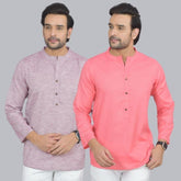 Combo of 2 Men Cotton Self Design Short Kurta Purple and Peach