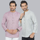 Combo of 2 Men Cotton Self Design Short Kurta Purple and Yellow
