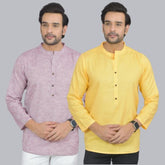 Combo of 2 Men Cotton Self Design Short Kurta Purple and Yellow