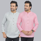 Combo of 2 Men Cotton Self Design Short Kurta White and Pink