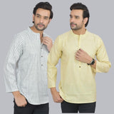 Combo of 2 Men Cotton Self Design Short Kurta White and Yellow