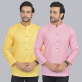 Combo of 2 Men Cotton Self Design Short Kurta Yellow and Pink