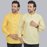 Combo of 2 Men Cotton Self Design Short Kurta Yellow and Yellow