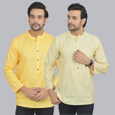 Combo of 2 Men Cotton Self Design Short Kurta Yellow and Yellow