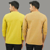 Combo of 2 Men Cotton Stripe Short Kurta Olive Green and Yellow