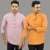 Combo of 2 Men Cotton Stripe Short Kurta Orange and Pink