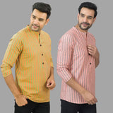 Combo of 2 Men Cotton Stripe Short Kurta Pink and Olive Green