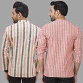 Combo of 2 Men Cotton Stripe Short Kurta Pink and Peach