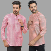 Combo of 2 Men Cotton Stripe Short Kurta Pink and Pink