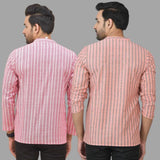 Combo of 2 Men Cotton Stripe Short Kurta Pink and Pink