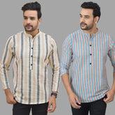 Combo of 2 Men Cotton Stripe Short Kurta Sky Blue and Beige