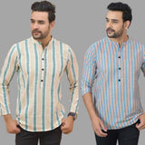 Combo of 2 Men Cotton Stripe Short Kurta Sky Blue and Green