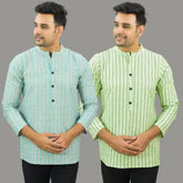 Combo of 2 Men Cotton Stripe Short Kurta Sky Blue and Mint Green