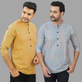 Combo of 2 Men Cotton Stripe Short Kurta Sky Blue and Olive Green