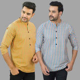 Combo of 2 Men Cotton Stripe Short Kurta Sky Blue and Olive Green