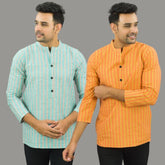 Combo of 2 Men Cotton Stripe Short Kurta Sky Blue and Orange