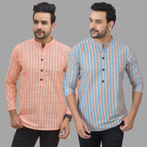 Combo of 2 Men Cotton Stripe Short Kurta Sky Blue and Peach