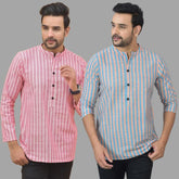 Combo of 2 Men Cotton Stripe Short Kurta Sky Blue and Pink