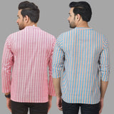 Combo of 2 Men Cotton Stripe Short Kurta Sky Blue and Pink