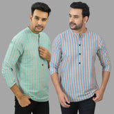 Combo of 2 Men Cotton Stripe Short Kurta Sky Blue and Sky Blue