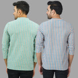 Combo of 2 Men Cotton Stripe Short Kurta Sky Blue and Sky Blue