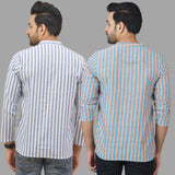 Combo of 2 Men Cotton Stripe Short Kurta Sky Blue and White