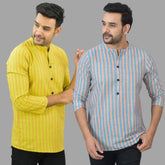 Combo of 2 Men Cotton Stripe Short Kurta Sky Blue and Yellow