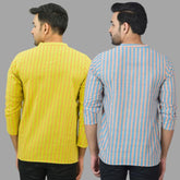 Combo of 2 Men Cotton Stripe Short Kurta Sky Blue and Yellow