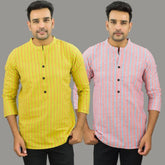 Combo of 2 Men Cotton Stripe Short Kurta Yellow and Pink