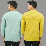 Combo of 2 Men Cotton Stripe Short Kurta Yellow and Sky Blue
