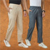 Combo of 2 Men Gray Beige Cotton Handloom Solid Pant