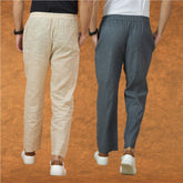 Combo of 2 Men Gray Beige Cotton Handloom Solid Pant
