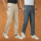 Combo of 2 Men Gray Beige Cotton Handloom Solid Pant