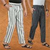 Combo of 2 Men Gray Black Cotton Handloom Stripe Pant-15101