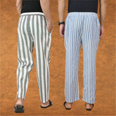 Combo of 2 Men Gray Blue Cotton Handloom Stripe Pant-15076