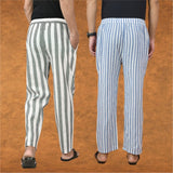 Combo of 2 Men Gray Blue Cotton Handloom Stripe Pant-15076