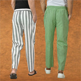 Combo of 2 Men Gray Olive Green Cotton Handloom Stripe Pant-15091