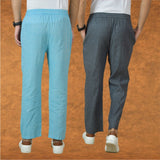Combo of 2 Men Gray Sky Blue Cotton Handloom Solid Pant